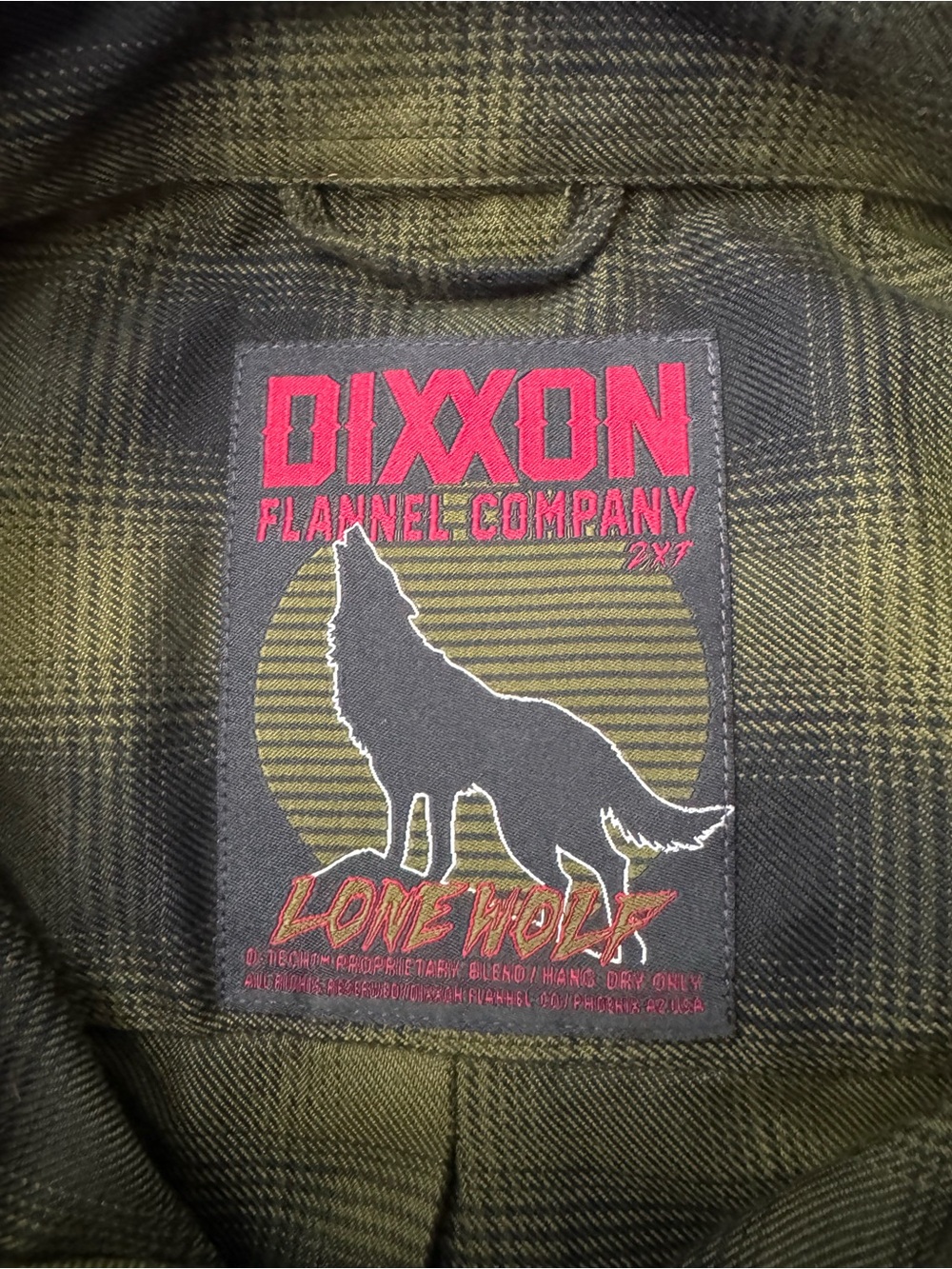 DIXXON Olive Green Plaid Flannel Button-Down Shirt with Red Logo Patch